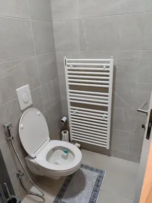 a bathroom with a white toilet and a radiator at Tuzlanska Panonica in Tuzla