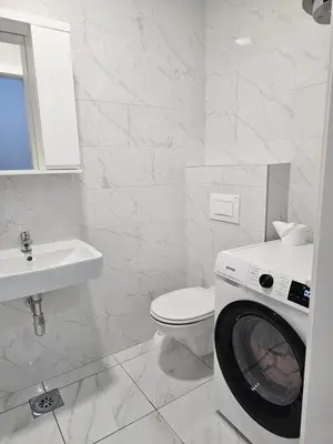 a white bathroom with a washing machine in it at Apartman Urukalo in Rebrovac