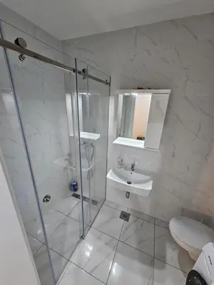 a bathroom with a shower and a sink and a toilet at Apartman Urukalo in Rebrovac