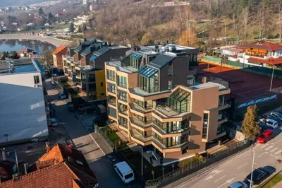 an overhead view of a building on a city street at AS apartman Panonica in Tuzla