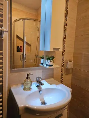 a bathroom sink with a mirror and a shower at Mrakovica 1 in Prijedor