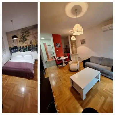 two pictures of a bedroom and a living room at San apartment in Banja Luka