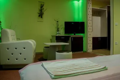 a green room with a bed and a table and a tv at Motel Dani in Nova Bila