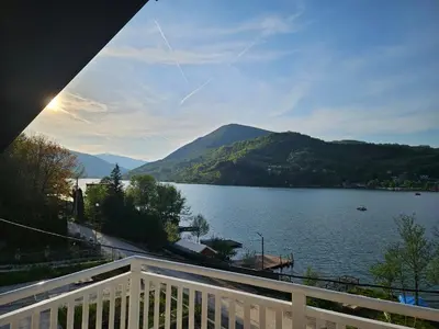 a view of a lake from a balcony at Villa Pliva Lake 2 in Jajce