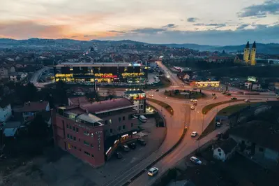 an overhead view of a city at night with traffic at Wellness Spa Hotel Jola in Banja Luka