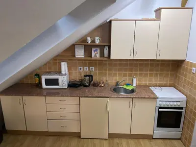 a kitchen with a sink and a microwave at Apartman Centar E&A in Tuzla