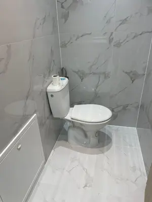 a white bathroom with a toilet and marble walls at Apartman Flora Vlasic in Vlasic