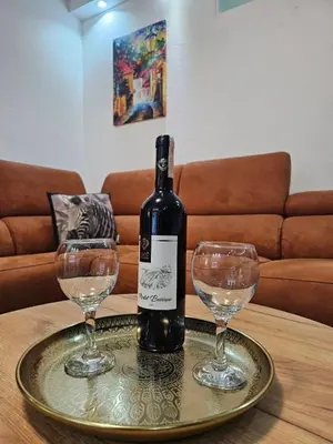 a bottle of wine sitting on a tray with two wine glasses at Apartman Ema Tuzla in Tuzla