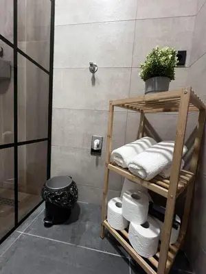 a bathroom with a shower and a shelf with towels at Apartman ROYAL Bulevar in Zenica