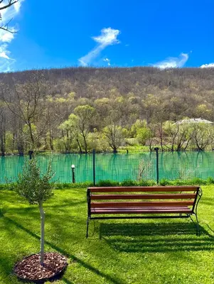 a park bench next to a tree in the grass at Aqua Vita Concept in Bihać