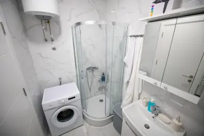 a white bathroom with a shower and a washing machine at Apartman Mihalena in Banja Luka