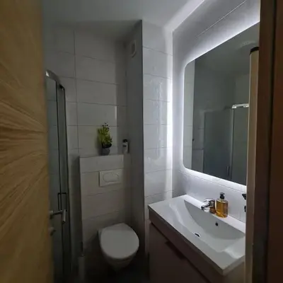 a bathroom with a toilet and a sink and a mirror at Apartment Allora ,with garage in Banja Luka