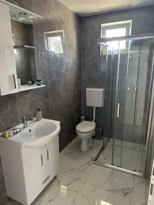 a bathroom with a toilet and a shower and a sink at Apartmani Marković in Doboj