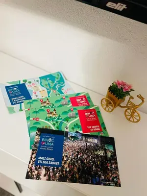 a table topped with a pile of brochures and a plant at Apartment Zara Bihac in Bihać