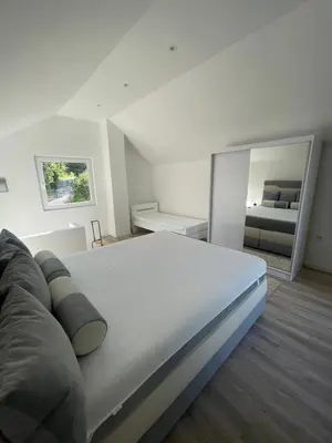 a large white bed in a room with a mirror at Vikendica u prirodi na ranču in Zolaći