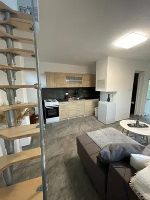 a living room with a loft bed and a kitchen at Vikendica u prirodi na ranču in Zolaći