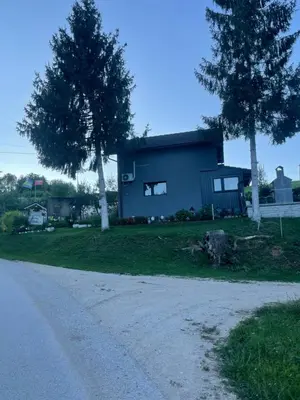 a house with two trees next to a road at Vikendica u prirodi na ranču in Zolaći