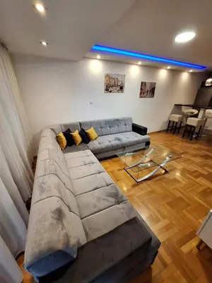 a living room with a large gray couch in a room at Luks 3 apartment in Banja Luka