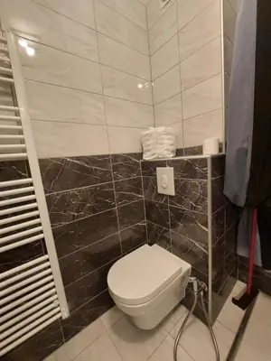 a bathroom with a toilet and a black tiled wall at APARTMAN ADI in Jajce