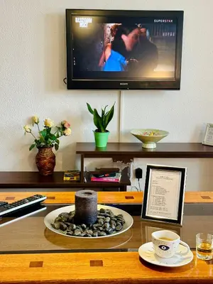a living room with a tv and a table with a bowl of rocks at Stan na dan Kej Una in Bosanska Dubica