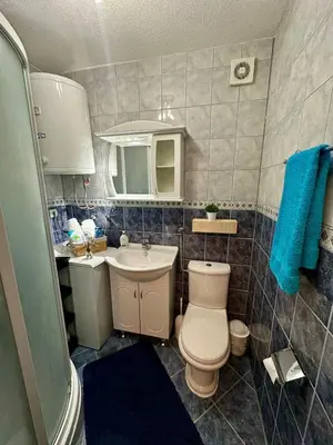 a bathroom with a toilet and a sink and a mirror at Stan na dan Kej Una in Bosanska Dubica