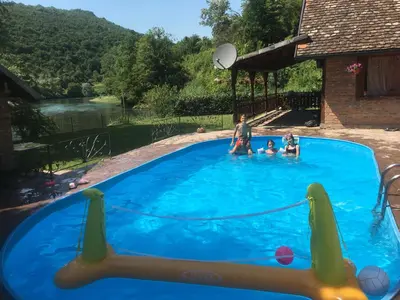a group of people in a swimming pool at 