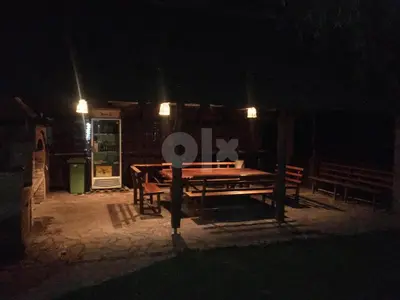 a picnic table in the dark at night at 