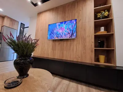 a vase on a table with a tv on a wall at Stojanović Diwine in Banja Luka