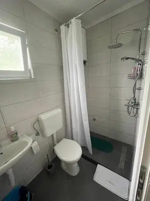 a bathroom with a toilet and a shower and a sink at Apartman Manov - Ramsko jezero in Prozor