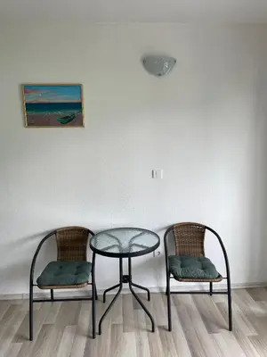 two chairs and a glass table in a room at Apartman Manov - Ramsko jezero in Prozor