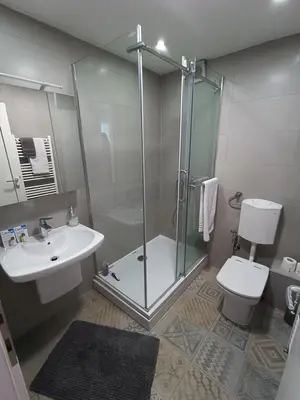 a bathroom with a shower and a toilet and a sink at Apartman Slatina in Tuzla