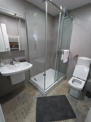 a bathroom with a shower and a toilet and a sink at Apartman Slatina in Tuzla