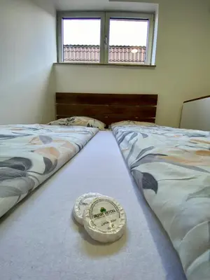 a room with two beds and a bowl on the floor at Hotel Irish in Bihać
