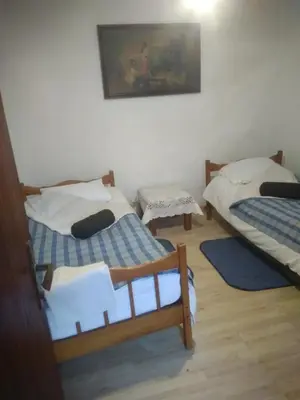 a room with two beds and a painting on the wall at Hostel Mlinar in Bihać