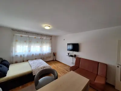 a bedroom with a bed and a couch and a television at Apartman Sarah - Autobuska Stanica in Tuzla