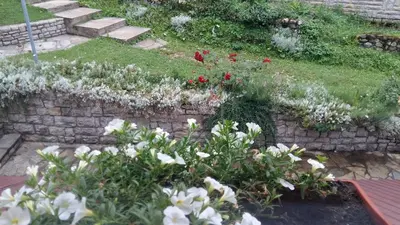 a garden with flowers in a stone wall at Holiday Home Tirol in Vlasic