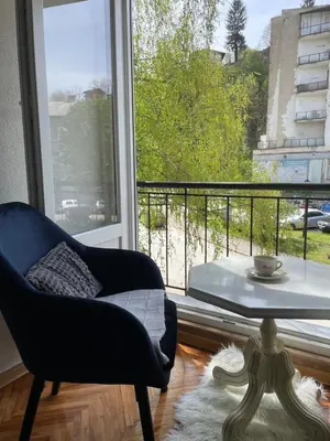 a living room with a chair and a window at Apartman Silver in Jajce
