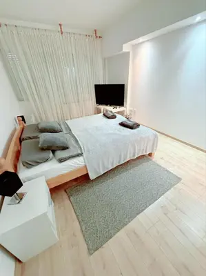 a bedroom with a large bed and a rug at Stan na dan CentarM in Banja Luka