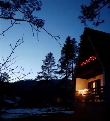 a cabin with a fire in the window at night at Pine Oasis in Zavidovići