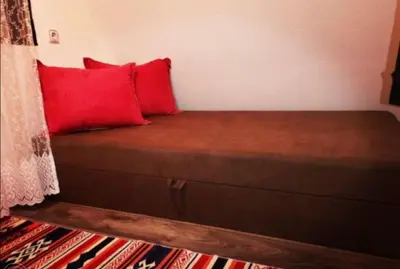 a bed with two red pillows in a room at Pine Oasis in Zavidovići
