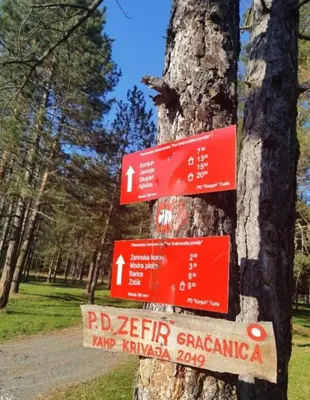 a sign on a tree in a park at Pine Oasis in Zavidovići