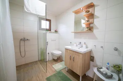 a bathroom with a shower and a toilet and a sink at Sweet Home Visoko FREE PARKING, AC, RENT A CAR in Visoko