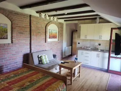 a living room with a couch and a brick wall at Resort Čokori in Banja Luka