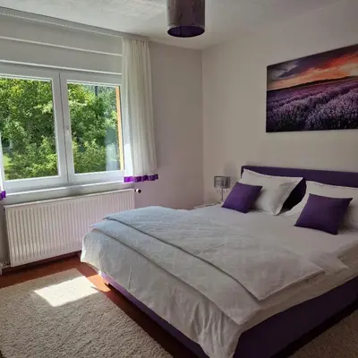 a bedroom with a large bed and two windows at Holiday Home Gredina in Livno