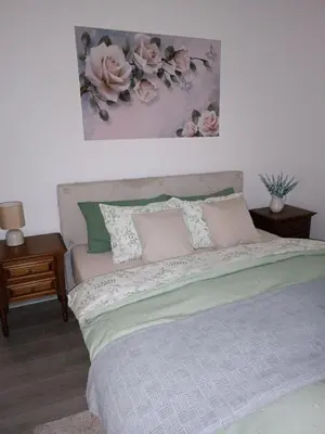 a bedroom with a bed with pink roses on the wall at Apartman Centar in Modriča