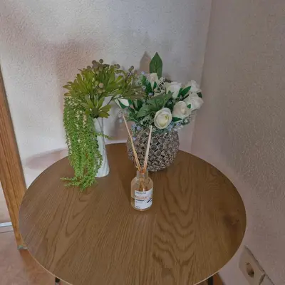 a table with two vases and flowers on it at Family Apartment Miki in Teslic in Teslić