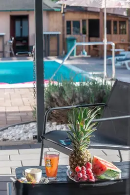 a pineapple on a table with a drink and a bowl of fruit at Delta apartments in Bihać