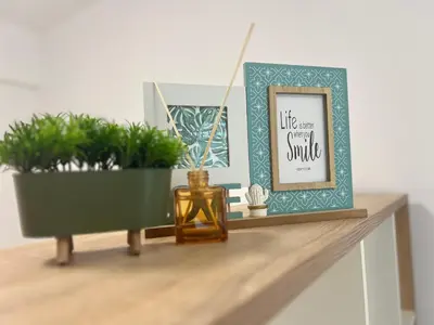 a shelf with plants and a picture and a picture frame at River Apartment in Banja Luka