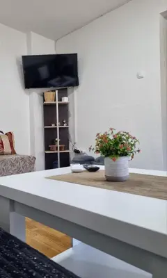 a kitchen with a white counter with a potted plant at Apartmani CENTAR in Jajce
