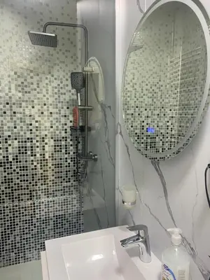 a bathroom with a sink and a shower with a mirror at Bolek mansion in Banja Luka